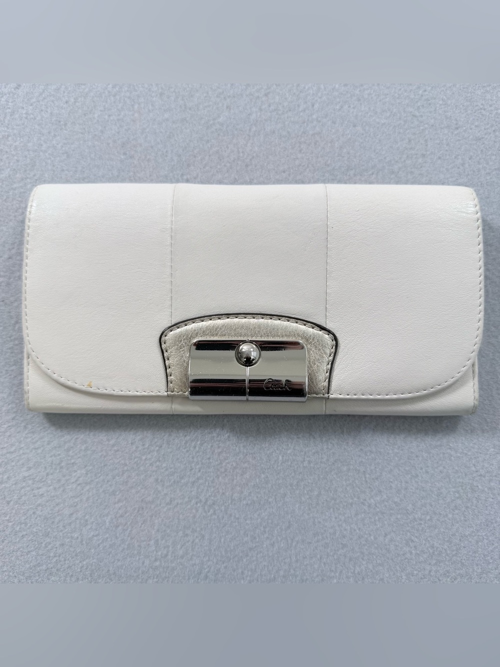 Coach Cream and Champagne Leather Turnlock Wallet Silver Trim